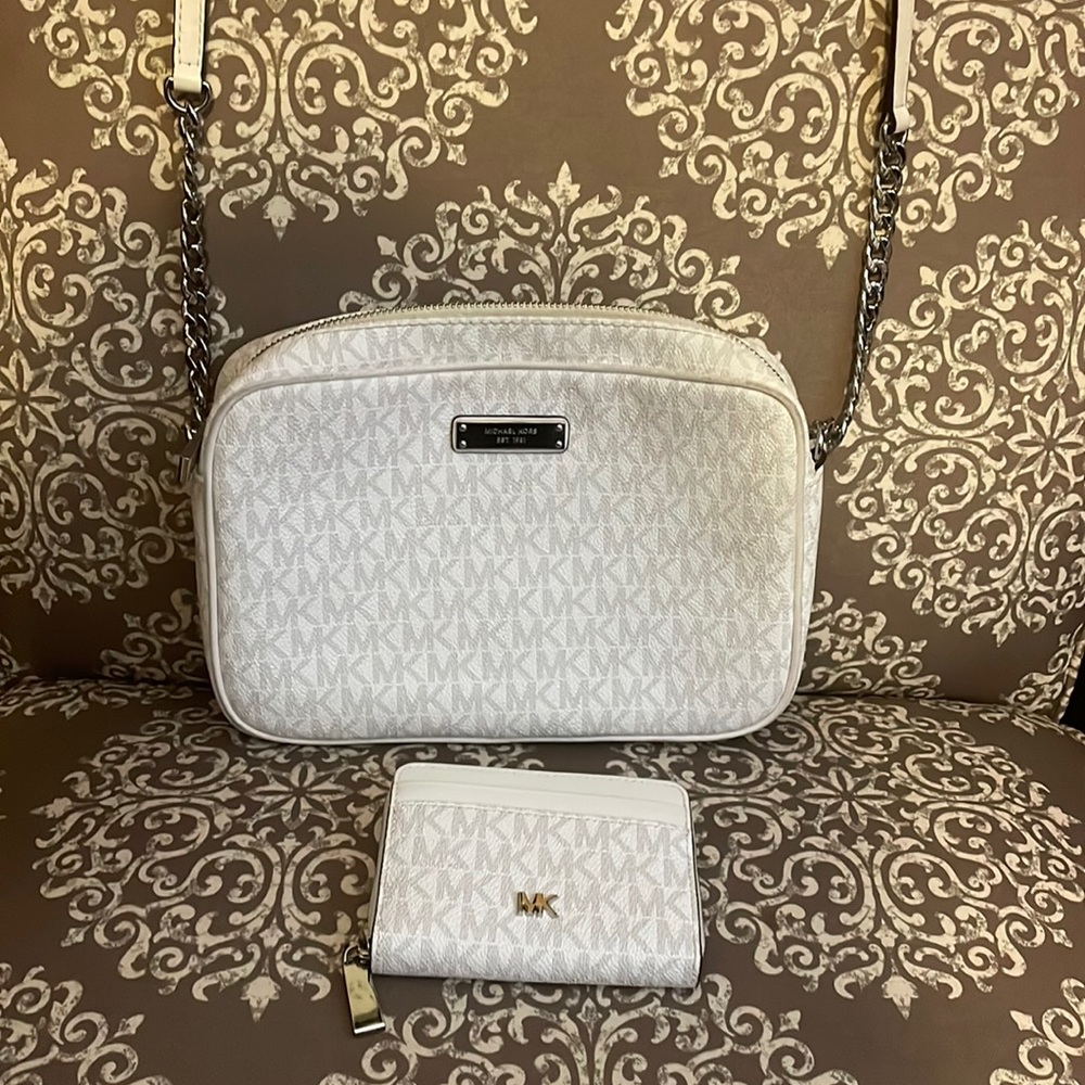 Michael Kors white w/ silver chain  crossbody bag and white wallet